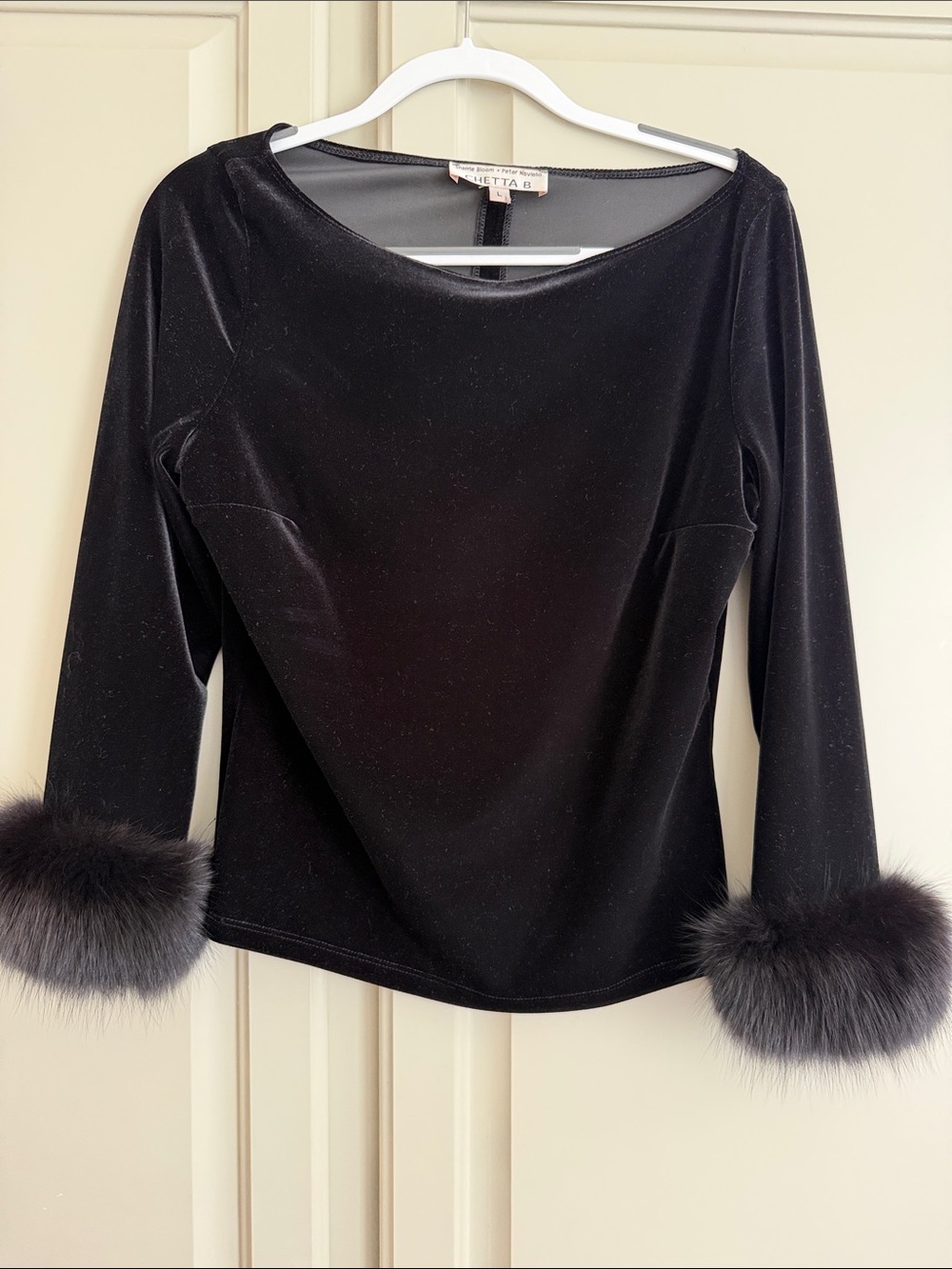 Chetta B Black Velvet Long Sleeve Top with Fur Cuffs